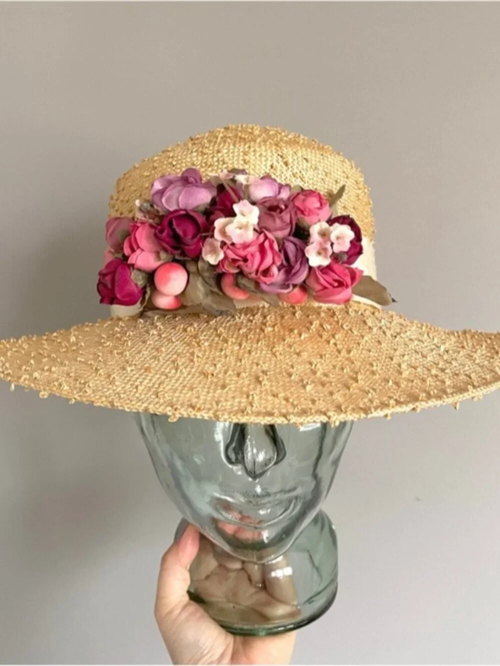 Vintage Straw Boater Hat w/ Flowers - made by Vicki Sather 🇨🇦 - Picture 3 of 10